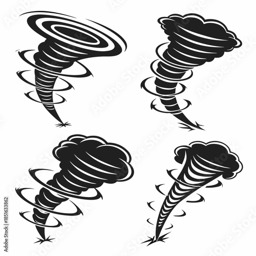 Set of black and white tornado illustrations