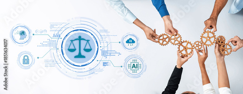 Foto A collaborative scene showing multiple hands linking gears and a scale, representing justice and technology integration in business, innovation, and teamwork