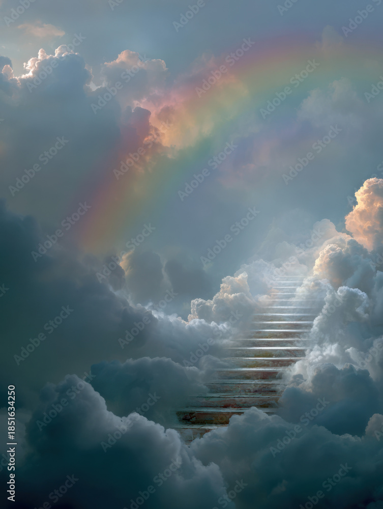 Fototapeta premium Treppe durch Wolken mit Regenbogen und mystischem Licht