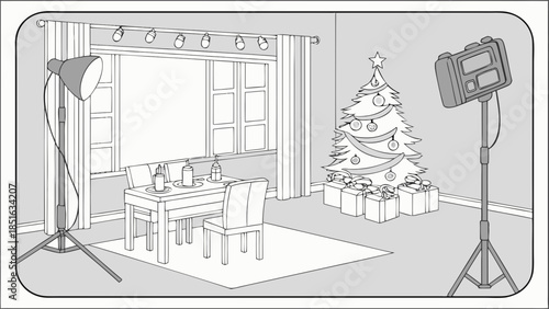 Christmas dining room with festive decorations and professional lighting setup.