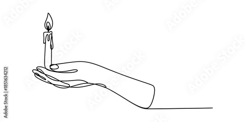 Continuous line art drawing of a hand holding a lit candle, symbolizing hope and light Vector, illustration