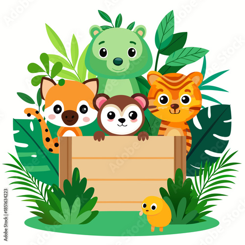 "Cartoon jungle animals including bear, tiger, monkey, chick, and cheetah standing around blank wooden sign with tropical leaves transparent png vector"