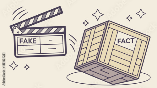 Clapperboard with FAKE and wooden crate with FACT representing truth and deception.