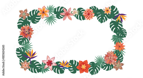 Rectangular floral frame made of lush tropical monstera leaves and a variety of colorful exotic flowers on a white background.