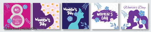 8 March Womens Day Social Media Marketing Templates Instagram Posts Ads Banner Pack Square Flyer Poster Web Banner Floral Vector Female Face Silhouette Collection Bundle