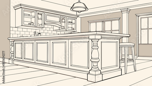 Detailed architectural sketch of a classic kitchen island and cabinetry.