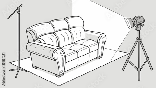 Detailed Line Art Illustration of a Professional Photography Studio Setup with a Sofa and Lighting Equipment.