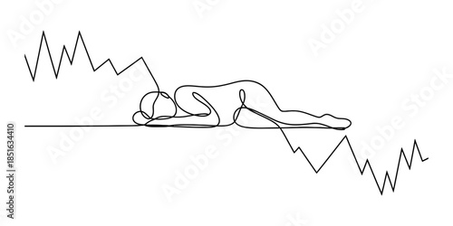 A single continuous line drawing of a person lying down on a financial chart illustrating loss Vector, illustration