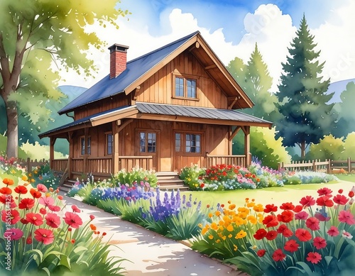 Watercolor illustration of a cozy wooden cottage in a vibrant garden