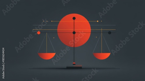 Abstract illustration of balance scales with red circular background and geometric shapes representing justice and equality in a modern design