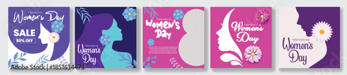 Womens Day 8 March Instagram Social Media Template Bundle Square Flyer Poster Pack Web Banner Designs Floral Vector Backgrounds Female Face Silhouette Advertising Collection Set