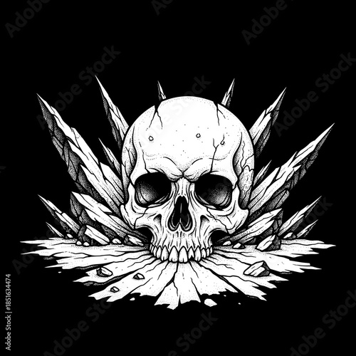 Detailed illustration of a human skull emerging from sharp crystalline structures.