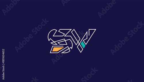 Connected lining alphabet letter sv logo design