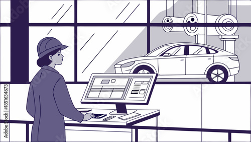 Engineer overseeing car manufacturing process in a modern factory.