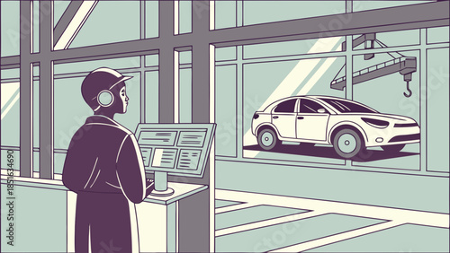 Engineer overseeing car manufacturing process in a modern factory 1.