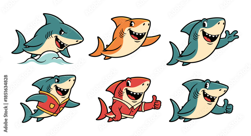 Obraz premium Collection of Six Adorable Cartoon Sharks in Various Poses and Outfits.
