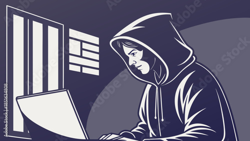 Hacker in hoodie working on laptop in dark room.