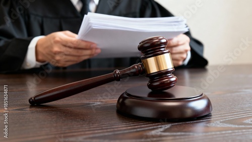 Close‑up of polished courtroom gavel with judge in background holding official papers symbolizing authority and law enforcement