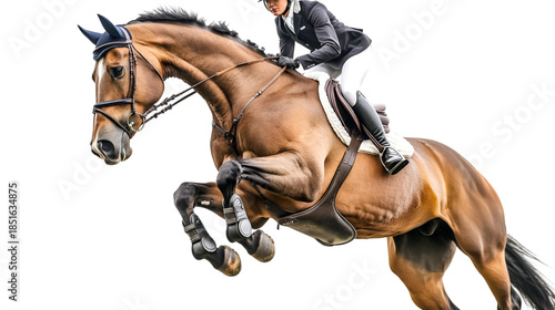 Professional equestrian athlete and powerful bay horse soaring over an obstacle during a jumping competition on transparent background