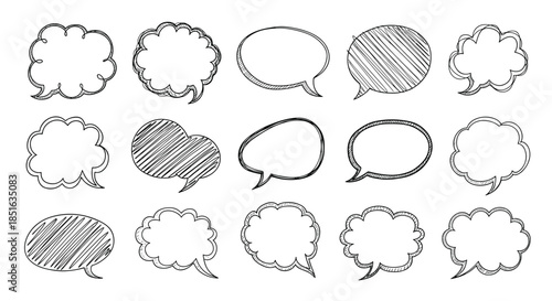 Set of fifteen hand-drawn speech and thought bubbles in a black and white scribble and sketch style, isolated for design use.