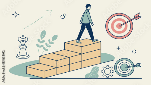 Man climbing stairs towards success and achievement.