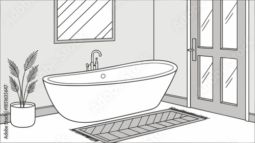 Modern Bathroom Interior with Bathtub and Plant.