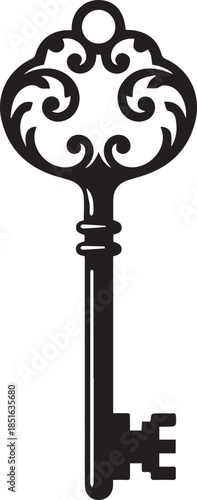 Ornate vintage key flat vector design in black and white color style isolated