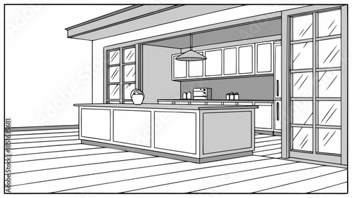 Modern Kitchen Interior Design with Island and Open Doors.