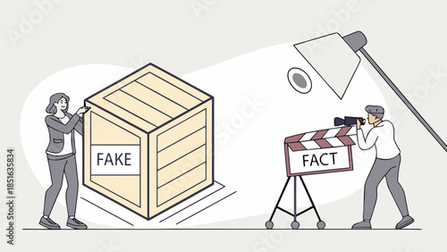 People filming a fake box illustrating the concept of fake news and misinformation.