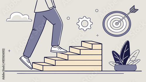 Person climbing stairs towards a target symbolizing career growth and success.
