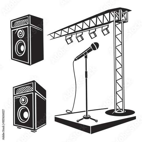 Stage setup with microphone and speakers