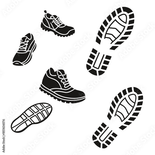 Collection of shoe silhouettes and footprints