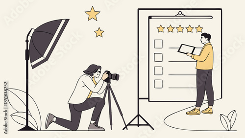 Photographer capturing a man presenting a checklist with star ratings.