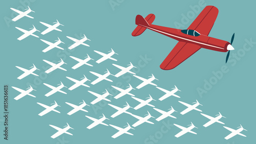 Red airplane flying in a different direction from a group of white airplanes.