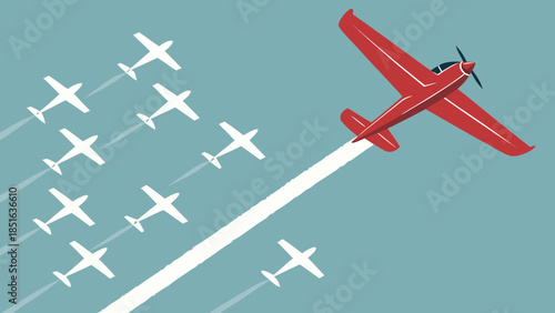 Red airplane flying in a different direction from other white airplanes.