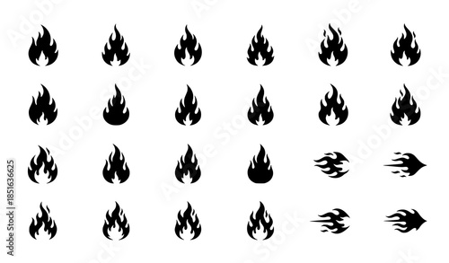 Fire flame vector icon pack with burning silhouettes for safety and energy concepts