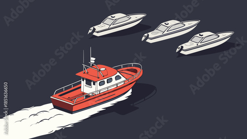 Red fishing boat leading a fleet of smaller white speedboats on a dark background.