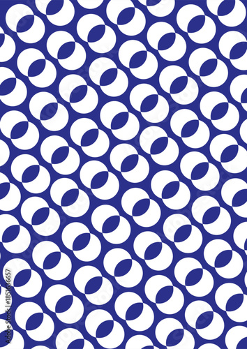Classic blue and white pattern featuring repeating interlocking circular shapes in a grid