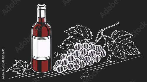 Red wine bottle and grapes with leaves on a dark background.