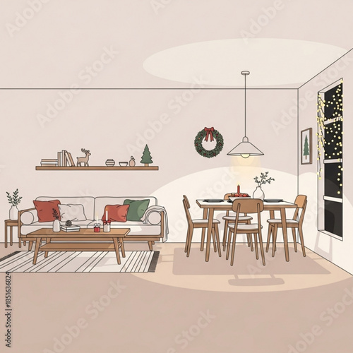 Cozy living and dining room decorated for Christmas hand-drawn illustration with festive elements perfect for holiday season marke