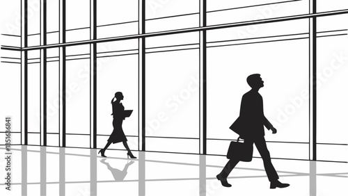 Silhouettes of business people walking in a modern office building.