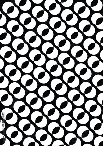 High-contrast black and white geometric design with interlocking circles in a grid format