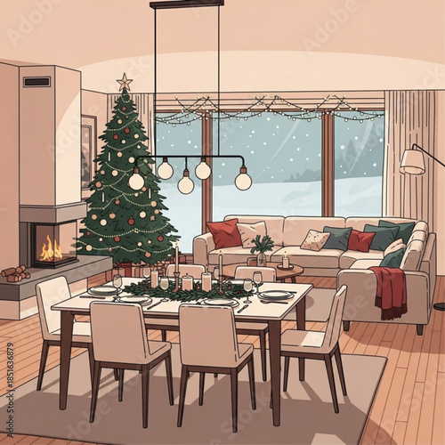 Cozy Christmas dining room interior with decorated tree fireplace and snow falling outside perfect for holiday greetings and winte