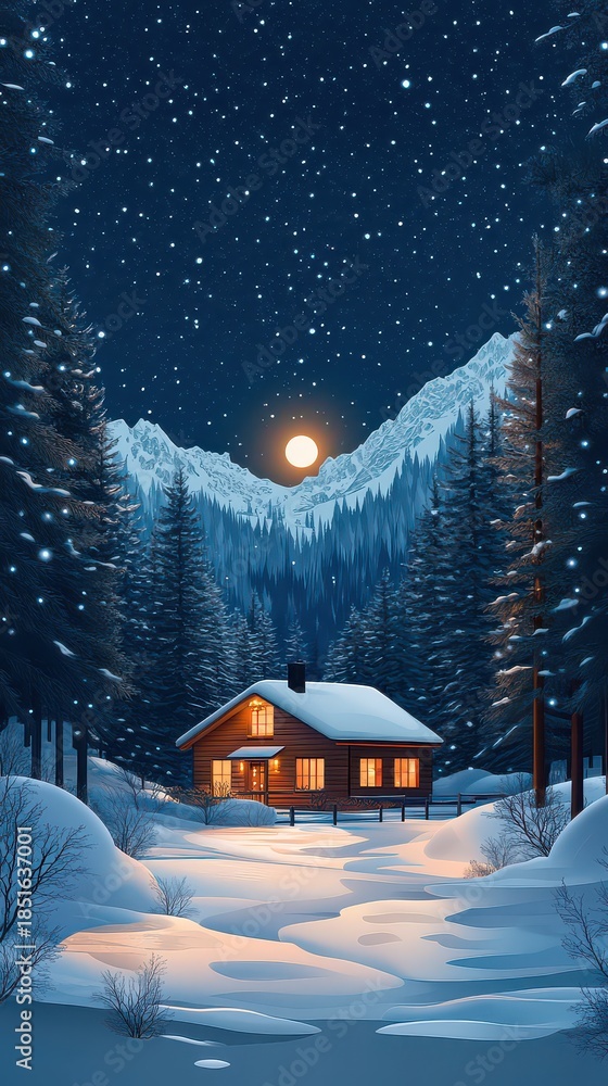 Fototapeta premium Cozy cabin nestled in snowy mountains under a starry night sky.