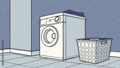 Washing machine and laundry basket in a minimalist room.
