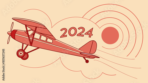 Vintage airplane flying through the sky with 2024 text.