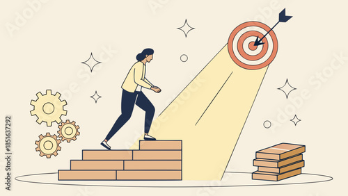 Woman climbing stairs towards a spotlighted target symbolizing career growth and ambition.