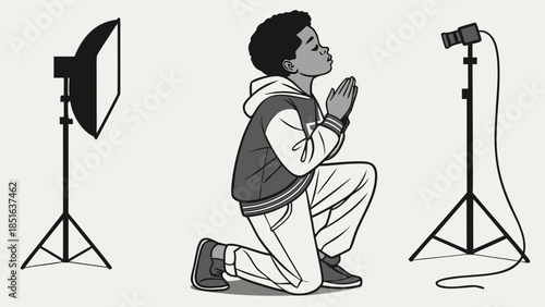 Young boy praying in a studio setting with professional lighting and camera equipment.