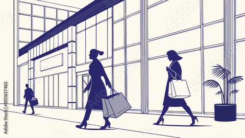 Women shopping in a modern mall carrying bags and walking past large windows.