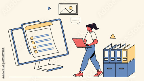 Woman working on laptop with large computer screen and filing cabinets.